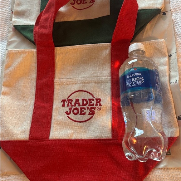 Trader Joe's 2 pieces Small Canvas Tote Bags with Red and Green Handles - Picture 5 of 5